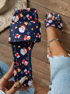 Christmas Santa Claus Print Slide Sandals for Women, Summer Cartoon Pattern Flat Slides, Festive Outdoor Slippers