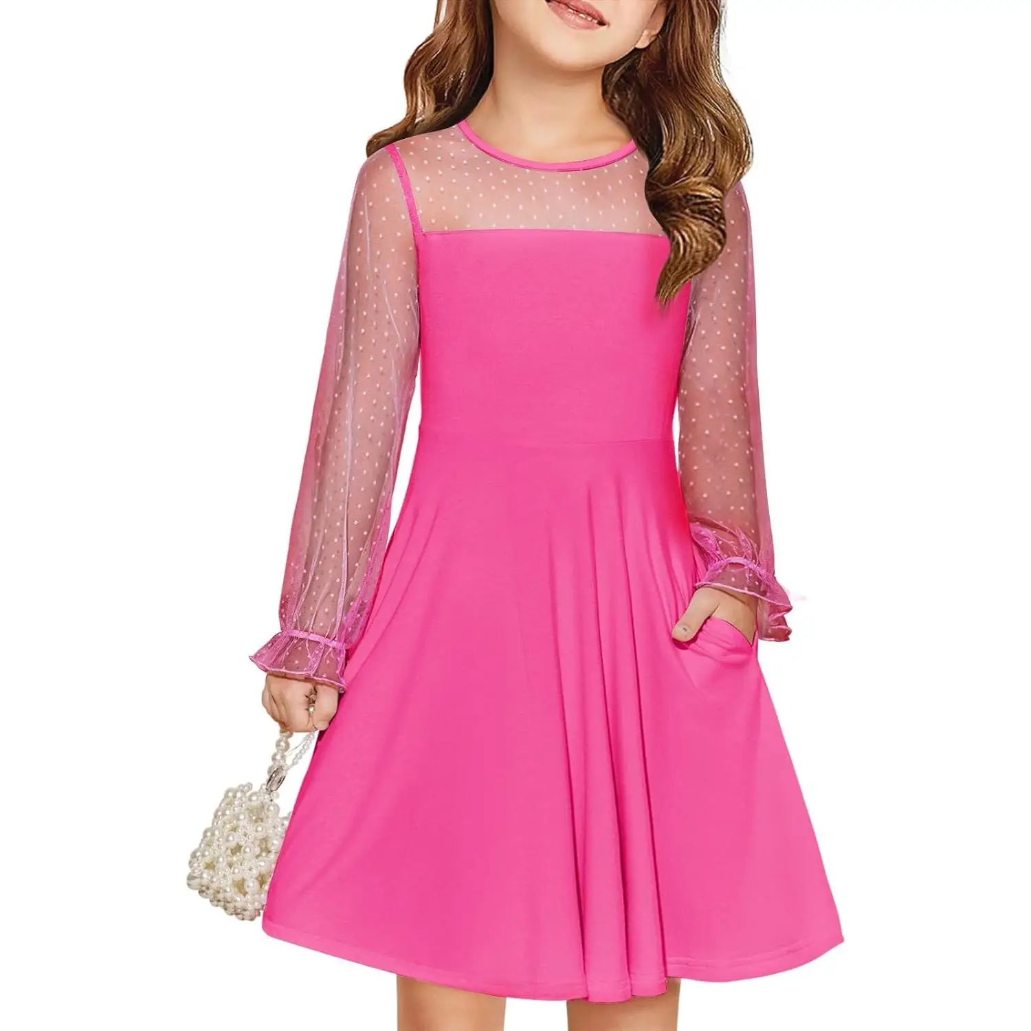 Haloumoning Girls Contrast Mesh Long Sleeve High Waist A Line Short Dress with Pockets 4-14 Years