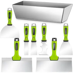 Drywall Tools, 8Pcs High Quality Stainless Steel Drywall Knife Set, Putty Knife with Mud Pan, Ergonomic Grip Tapping Knife with Hammer End for Drywall Work