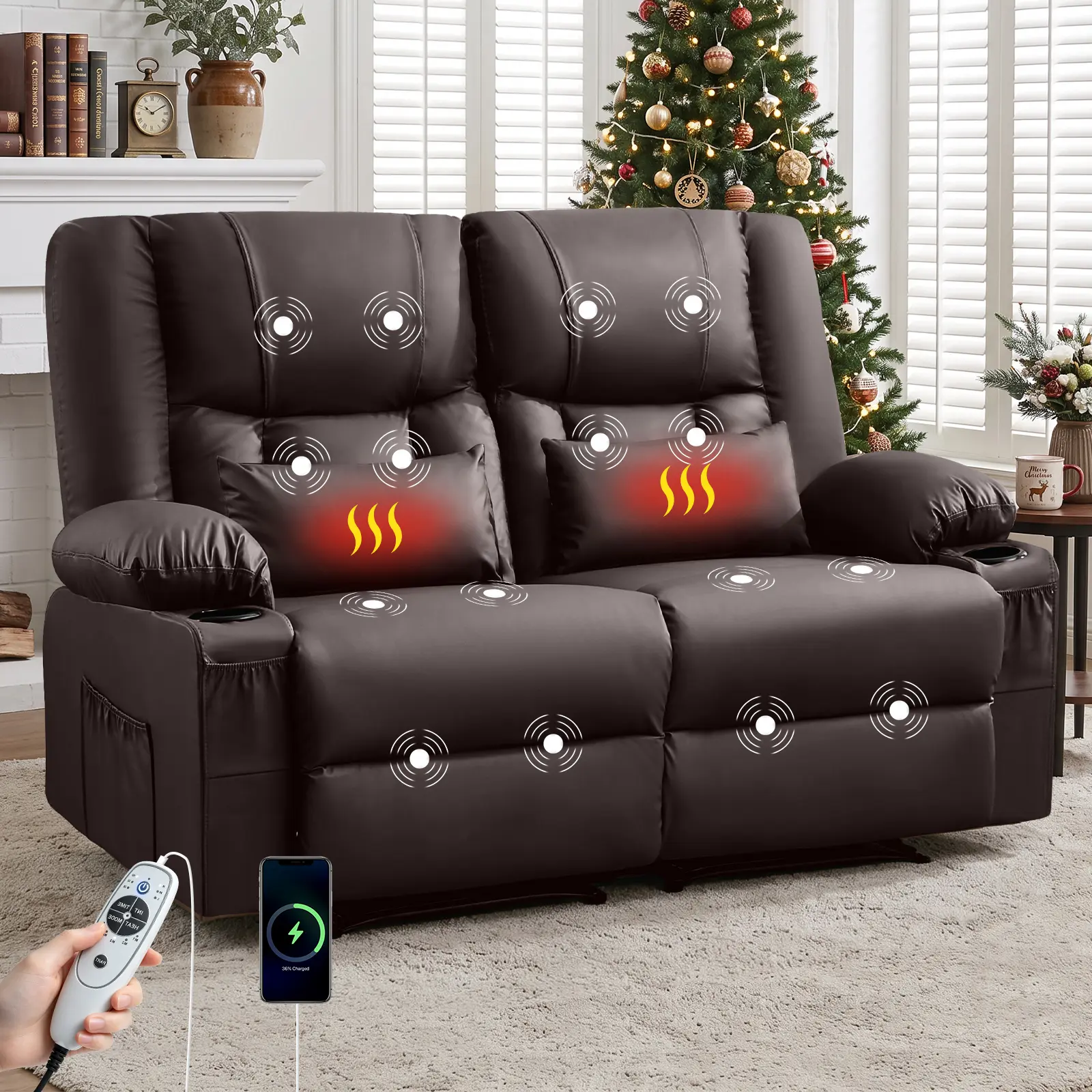 PU Leather Manual Reclining Loveseat with Massage & Heat, Oversized Recliner Couch with Cup Holders, USB Ports & Pillows for Living Room,Brown