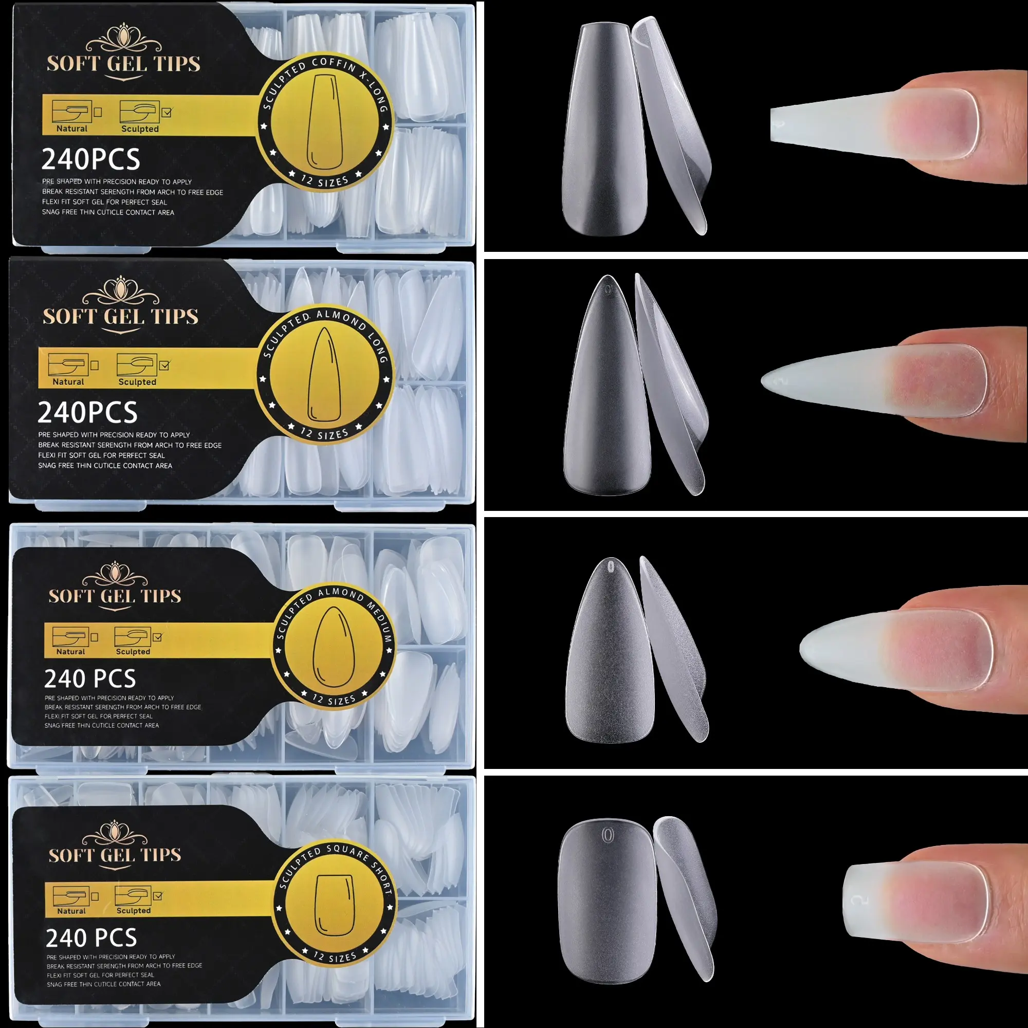 240pcs Nail Art Kit, Nail Extension Set, Stiletto Ballerina Square Shapes, Long Gel Extension Nails, No Scratch Matte Finish, Ideal for Women & Girls