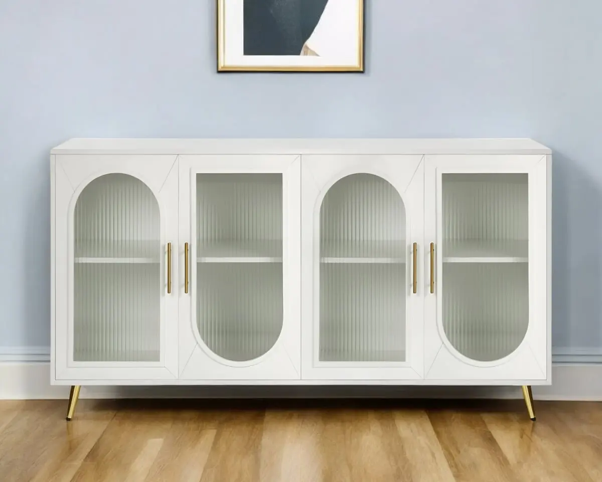HomeRoots 568417 60 in. White Ribbed Texture Wood & Glass Sideboard with Four Doors