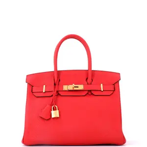 Pre-owned HERMÈS Leather Top Handle Bags Hermes Birkin Handbag Rouge Tomate Clemence with Gold Hardware 30 by Rebag