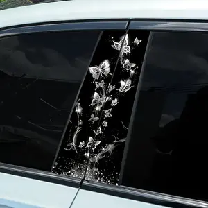 Sparkling Silver Butterfly Car B Pillar Sticker, Butterfly Design, Waterproof Vinyl Decal, Swirling Vine & Glitter Graphic, Feminine Auto Window Trim Decor, Compatible with Most Cars Trucks SUVs, Personalized Cute Vehicle Exterior Accessories