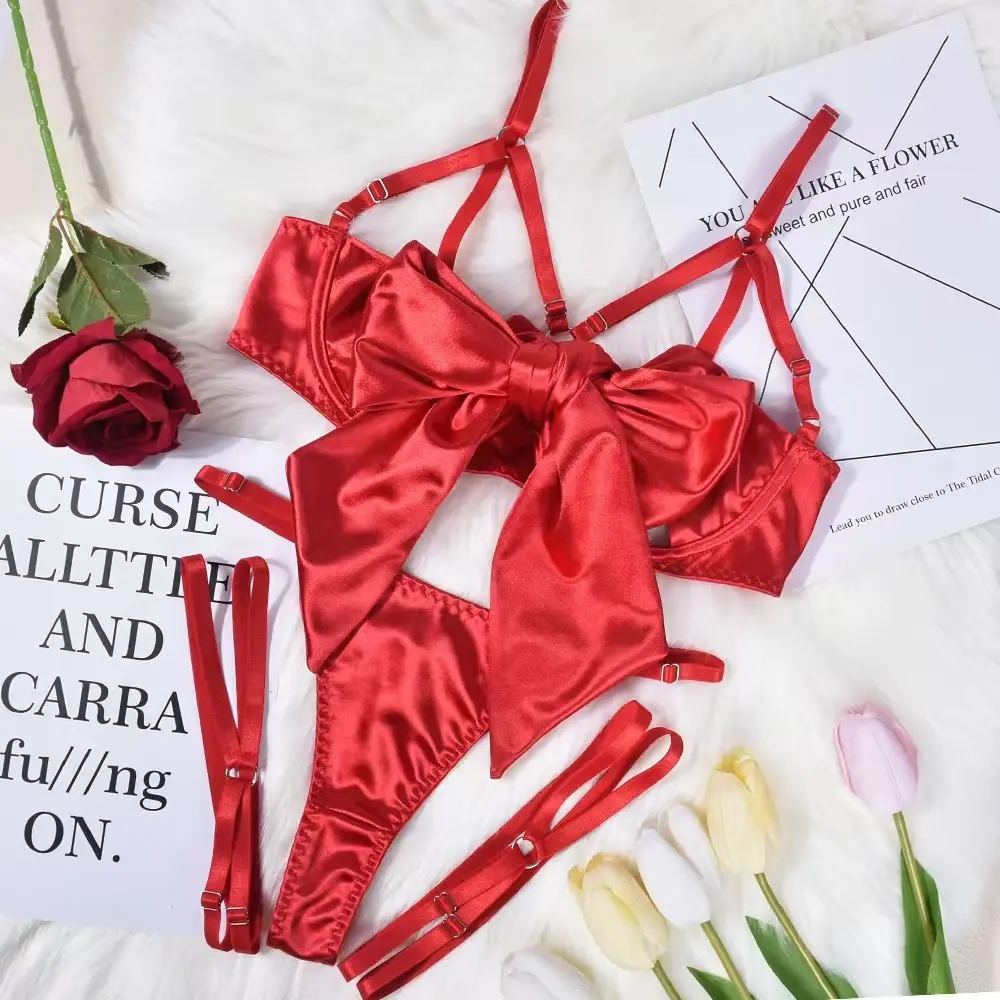 Satin Bow Lingerie for Women,Strappy Unwrap Present Lingeries,Sexy Bra and Panty Sets Birthday Christmas Valentines