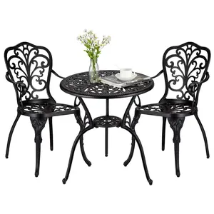 Garvee 3 Piece Outdoor Patio Bistro Set with Cast Aluminum Table and 2 Chairs, Featuring Umbrella Hole, Ideal for Yard, Garden, Balcony, or Poolside, Available in Black and Antique Bronze