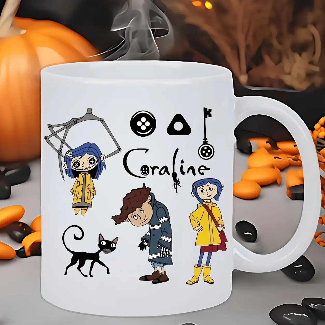 1pc Coraline Movie Mug - Official Character Design with Coraline, Keeps Drinks Hot/Cold Longer, Ceramic Coffee Cup for Tim Burton Fans, Birthday/Christmas Gift for Movie Lovers - Hand Wash Only, Movie Themed Gifts, Hot And Cold Drinks, Whimsical Character