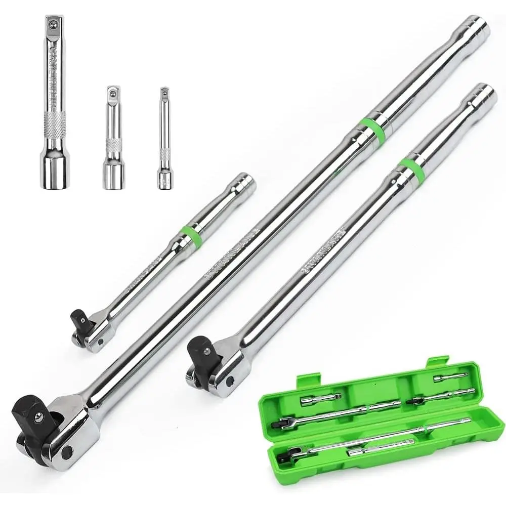 6PC Breaker Bar Set,1/4", 3/8" & 1/2" Drive,Heavy Duty Breaker Bars, 6-inch, 10-inch, 15-inch Length with 180 °   Rotatable Head Socket Combination Tool Socket Ratchet Wrench Wrench Extend Rod Hand Tools