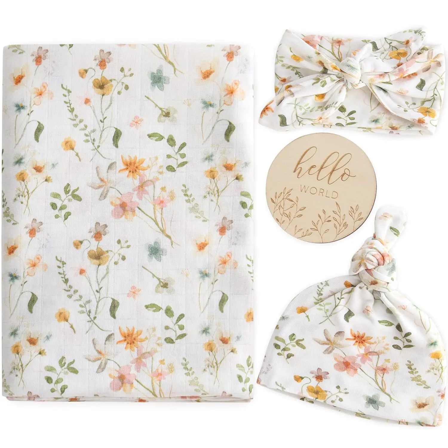 Newborn Swaddle Set with Matching Hat Bow Wooden Birth Announcement Card Floral Pattern Baby Girl Newborn Blanket Wildflower Pattern