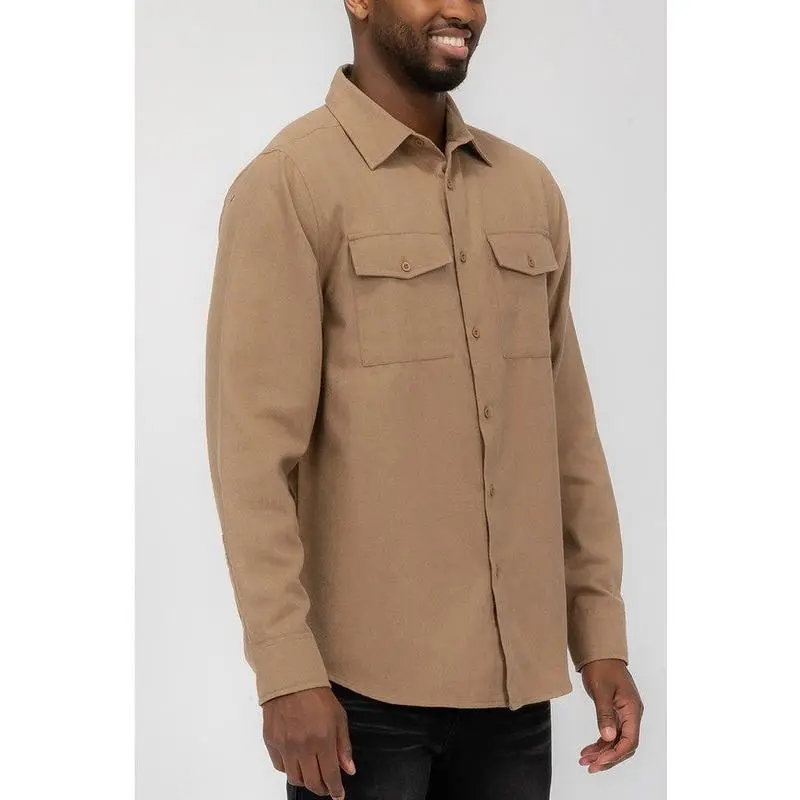 Weiv Mens Solid Flannel Shirt Fitted Long Sleeve Casual Minimalist Beige Plain Cotton Polyester Top with Chest Pocket