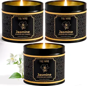 Jasmine Candle Strong Scented Soy Candel Clean Non Toxic Velas Aromáticas for Women Gift for Diwali Pack of 3 5Oz Decorative Tin Jars with Lids