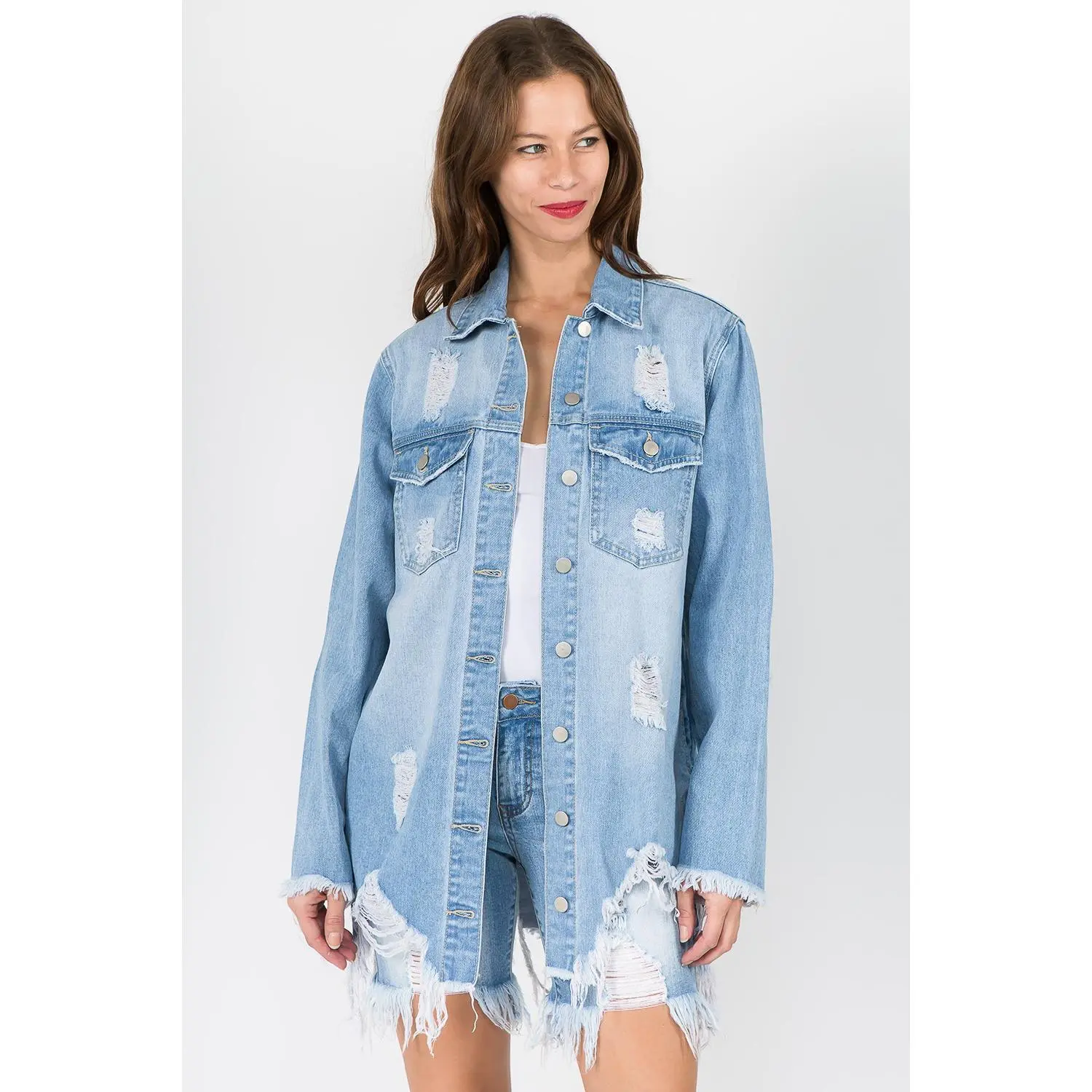 American Bazi Distressed Frayed Hem Denim Jacket