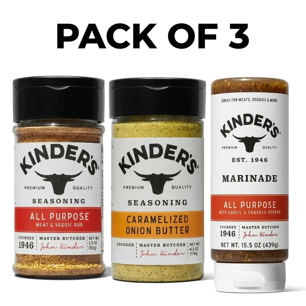 (3 PACK) Kinder’s Flavor Essentials Bundle – Caramelized Onion Butter Seasoning, All Purpose Seasoning & All Purpose Marinade for Meat, Vegetables & BBQ Cooking