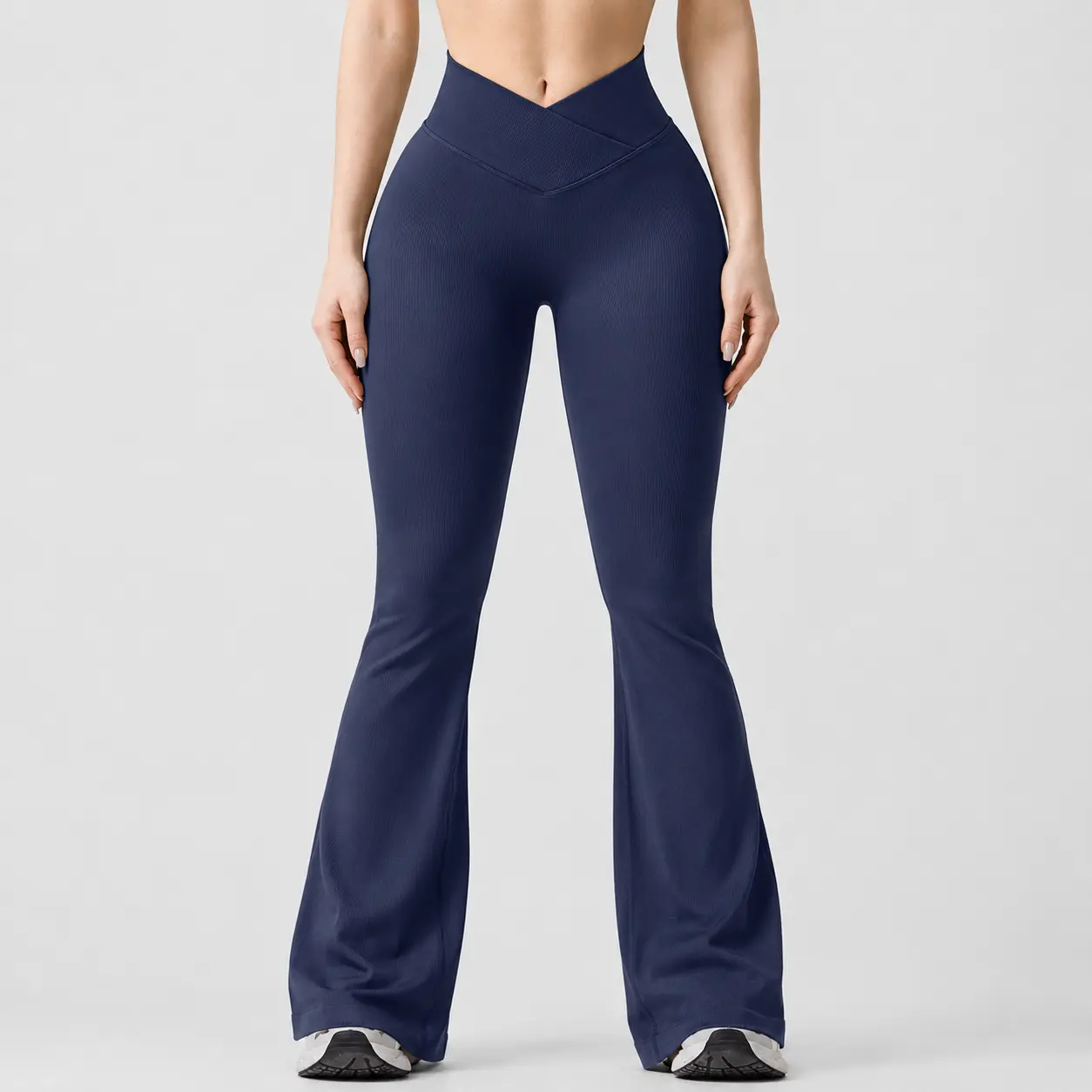 Women's High-Waisted Ribbed Flared Yoga Pants - Cross V Crossover, Vertical Stripe, Tummy Control, Butt Lifting - Athletic Trousers, Fitness Pants, Flared Yoga Bottoms, Skinny Bootcut Activewear Leggings, Activewear Pants, High-Waisted Butt-Lifting Skinny