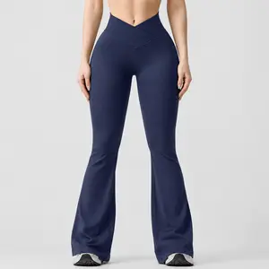 Cross V Crossover Waist Ribbed Flare Yoga Pants, Vertical Stripe Stretch Tummy Control Butt Lifting Slim Bootcut Workout Leggings