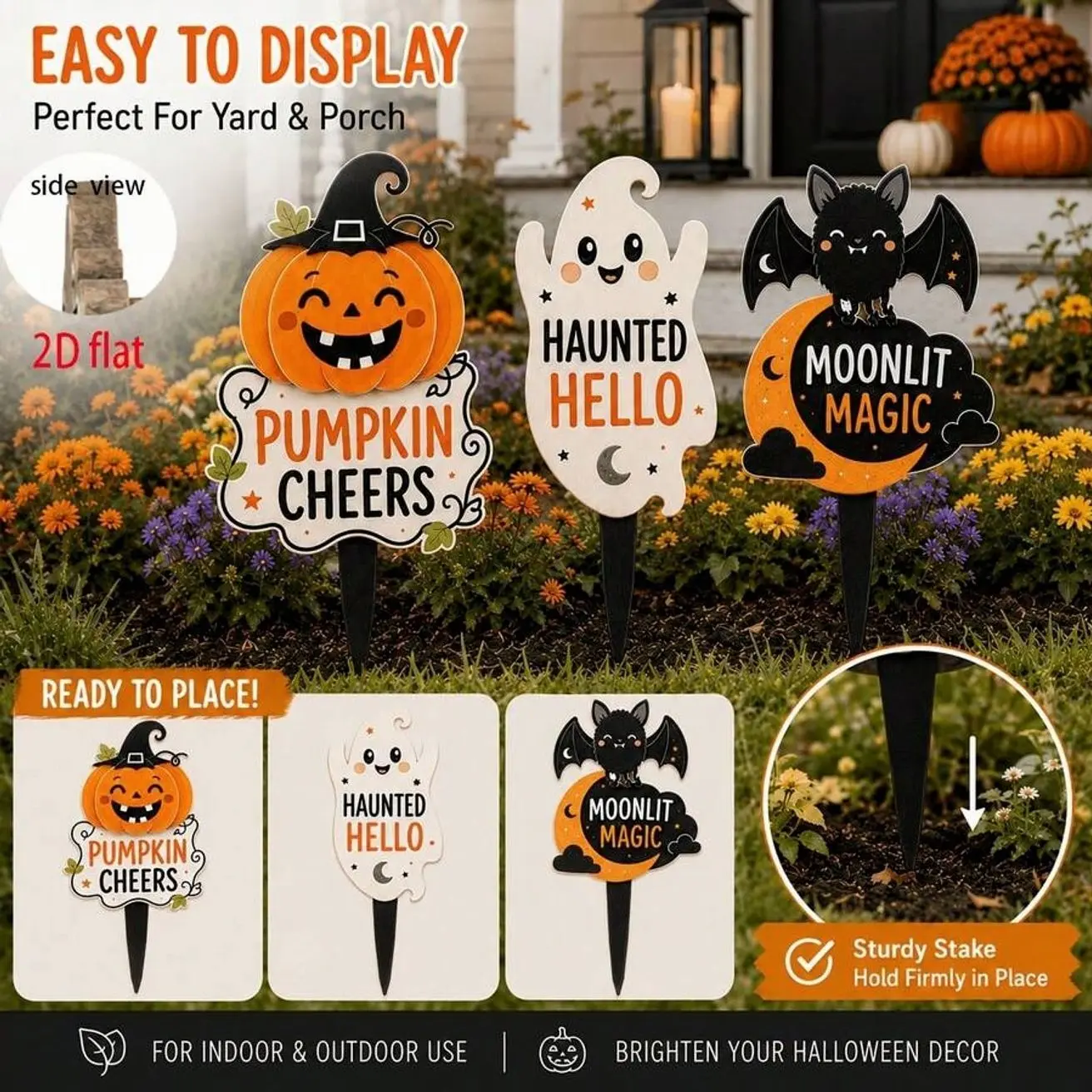 3pcs Wooden Halloween Yard Stakes, 2D Flat Pumpkin, Ghost & Bat Garden Signs For Outdoor Lawn, Porch, Garden And Fall Party Decor