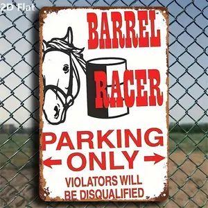 2D flat, 1 Western cowboy rodeo metal parking sign - vintage barrel rider design with barrel racing terminology - 8x12 inches - pre-drilled for easy hanging - suitable for barns, equestrian centers, rodeo arenas, home, or bar decor