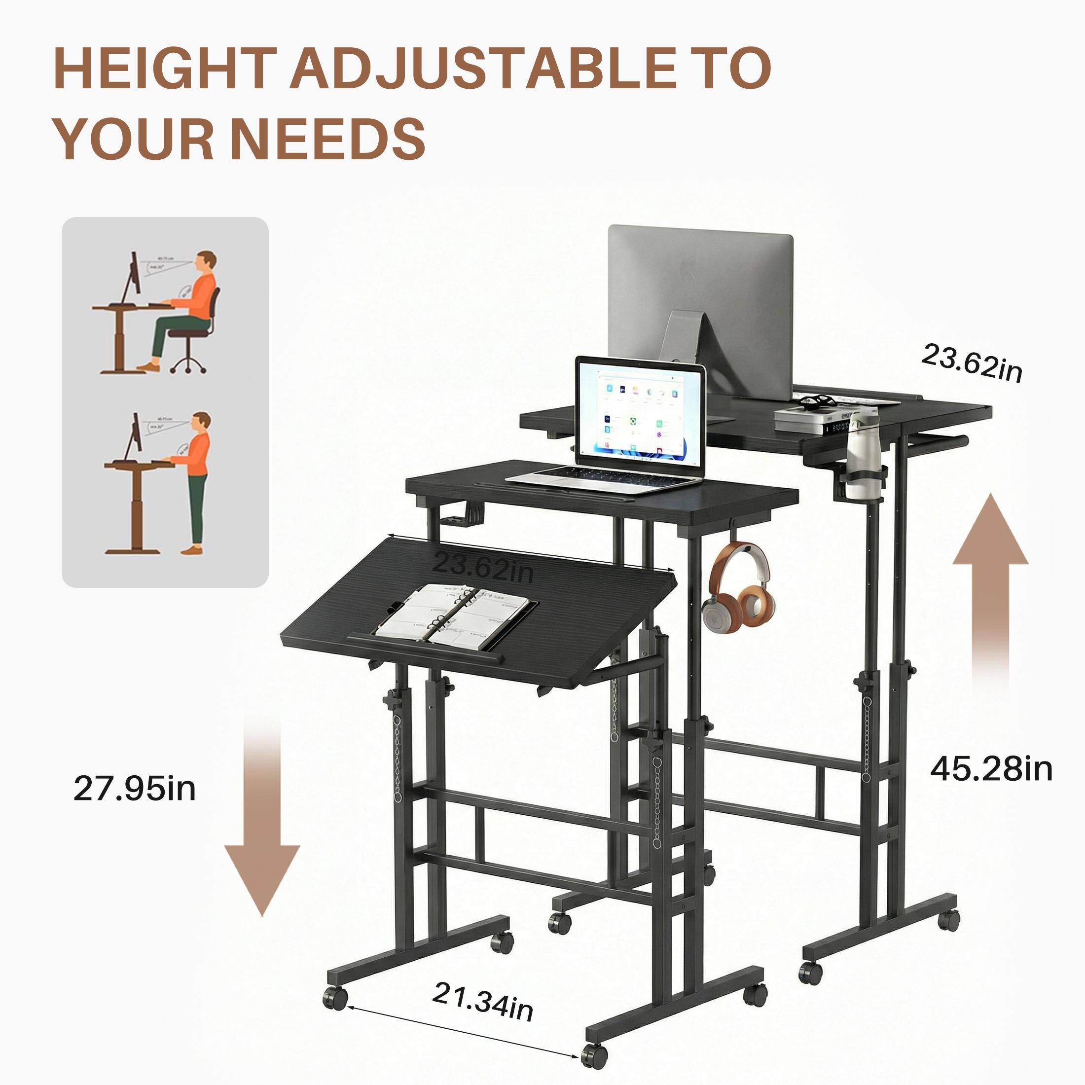 Adjustable Standing Desk , Rolling Sit Stand Desk with Wheels for Walking Pad, Small Mobile Computer Desk for Home Office, Portable Height Adjustable Desk 27.05"-45.28", Black