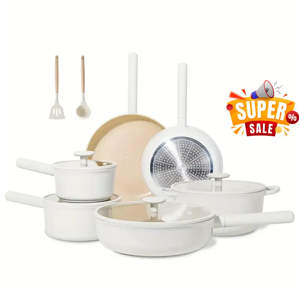 JEETEE 17pcs Ceramic Cookware Set with Oil-Gathering Texture, Non-Stick Pots & Pans, Oven/Dishwasher Safe, PFOA/PFOS Free, Beige Silicone Handles, Stackable Design for Family Use