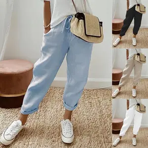Fit Womenswear Fabric Women's Cotton Linen Pants Pocket Elastic Casual Pants Women's Pants