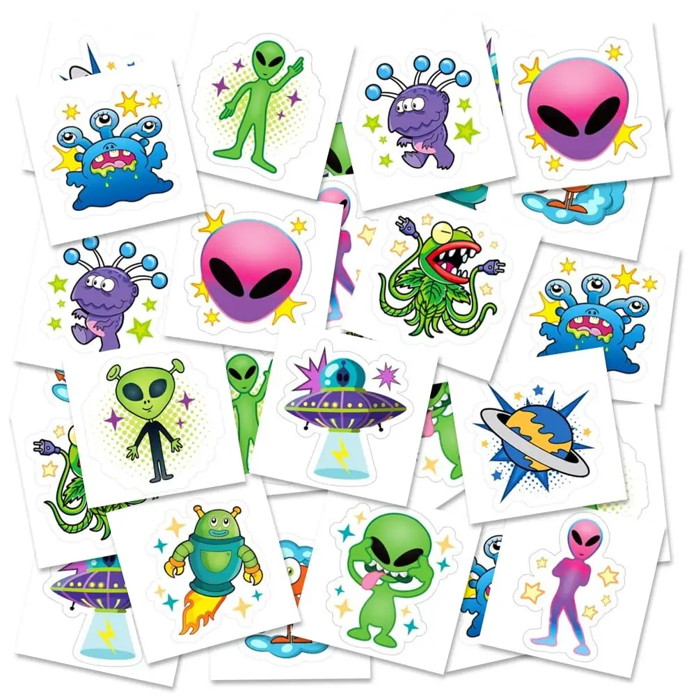 ARTCREATIVITY Unisex Kids' & Adults' Alien Temporary Tattoos - 144-Count Pack with 12 Assorted Funny Extraterrestrial Designs, Outer Space Party Favors, Halloween Non-Candy Treats, Easter Goodie Bag Fillers