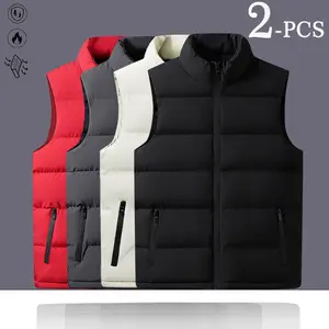 2pcs Autumn Winter Men's Solid Color Sleeveless Vest Coat Warm Windproof Lightweight Casual For Home Outdoor Wear