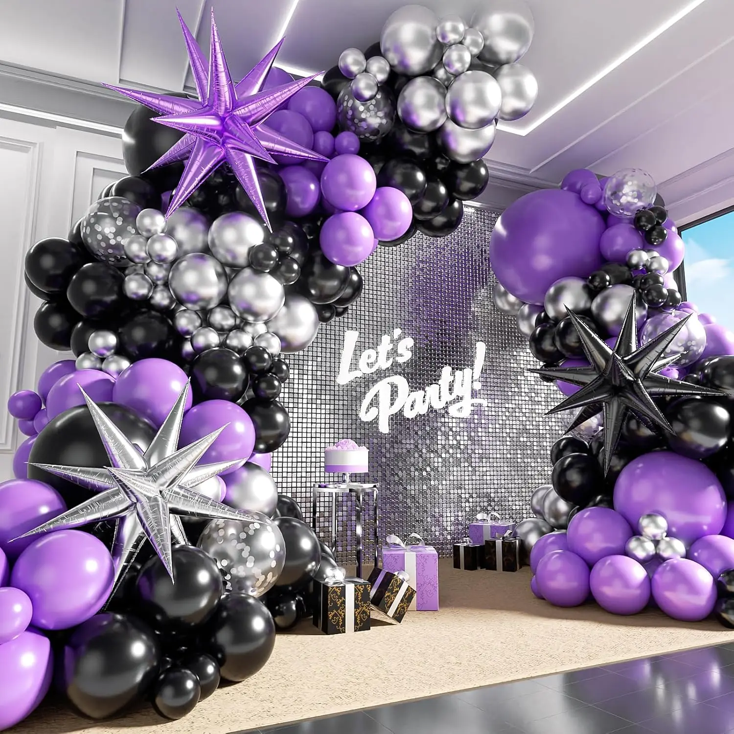 125-Piece Purple and Black Hand Balloon Garland Arch Kit, Silver Confetti Metallic Balloons for Graduation, Birthday, Halloween Party Decorations