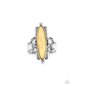 Paparazzi Cottage Craft Yellow Ring - An Oblong Stone in a Flared Silver Frame with Studded Accents & Stretchy Band for Flexible Fit