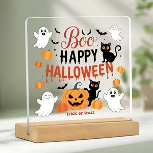 Halloween Decoration Set, Office Decor Ghost Cat Acrylic Sign, Artistic Desk Home Office Farmhouse Living Room Prayer Room Bathroom Bedroom
