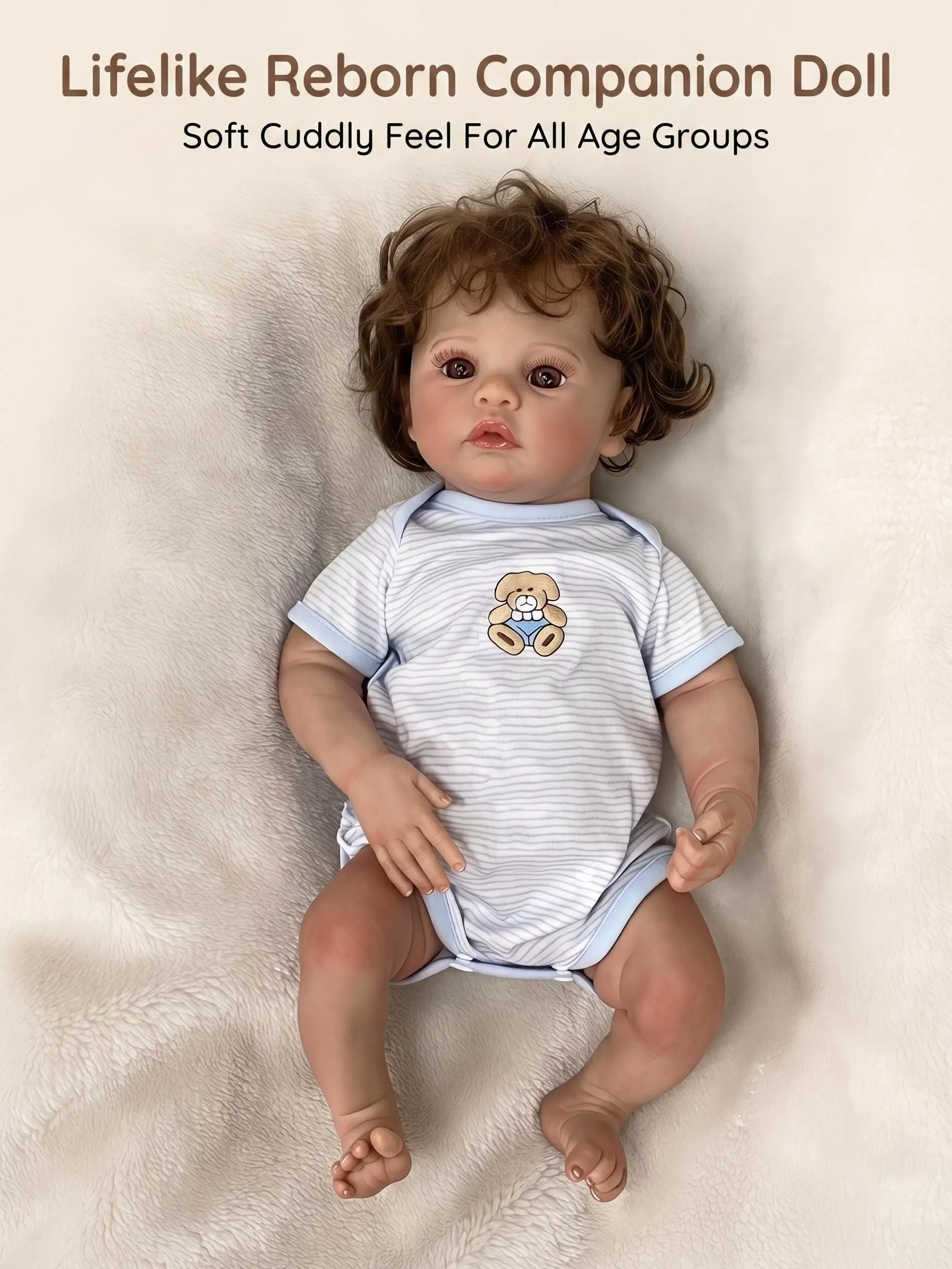 18 Inch Awake Reborn Baby Doll, Light Gray Striped Short Sleeve Onesie with Bear Embroidery, Vinyl Reborn Doll with CPC Certification, Realistic Doll for Play, Gift & Collection