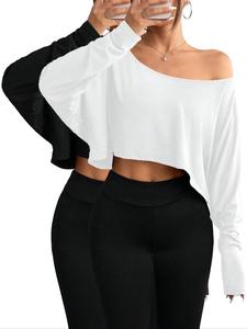 【plus size】 solid asymmetrical neck tee, elegant fashion casual long sleeve t-shirt for daily outdoor wear, women clothing for summer, black