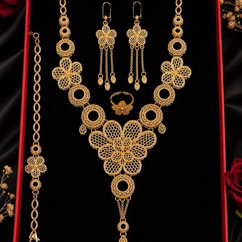 Royal Medallion Gold-Plated Elegant Matching Jewelry Set, Bracelet + Earrings, Everyday Wear, Date Gift for Her