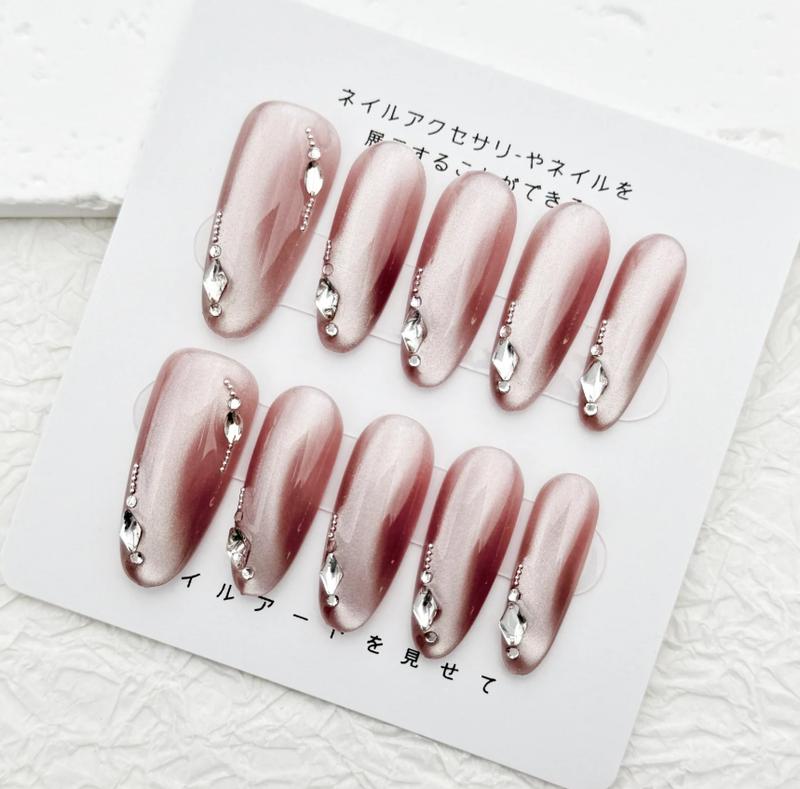 Delicate Crystal Rhinestone Long Almond Press on Nails - Pink Cat Eye Gel Polish (Handmade)