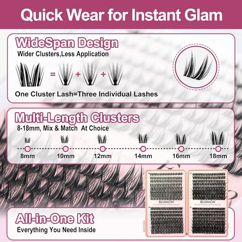 640 Pcs Lash Clusters Kit, Eyelash Clusters Individual Lash Extension Kit D Curl Fluffy Wispy False Eyelashes Extensions Thin Band with Bond Seal Tweezers Brush Removers (30D+40D+50D+60D KIT 8-16mm)