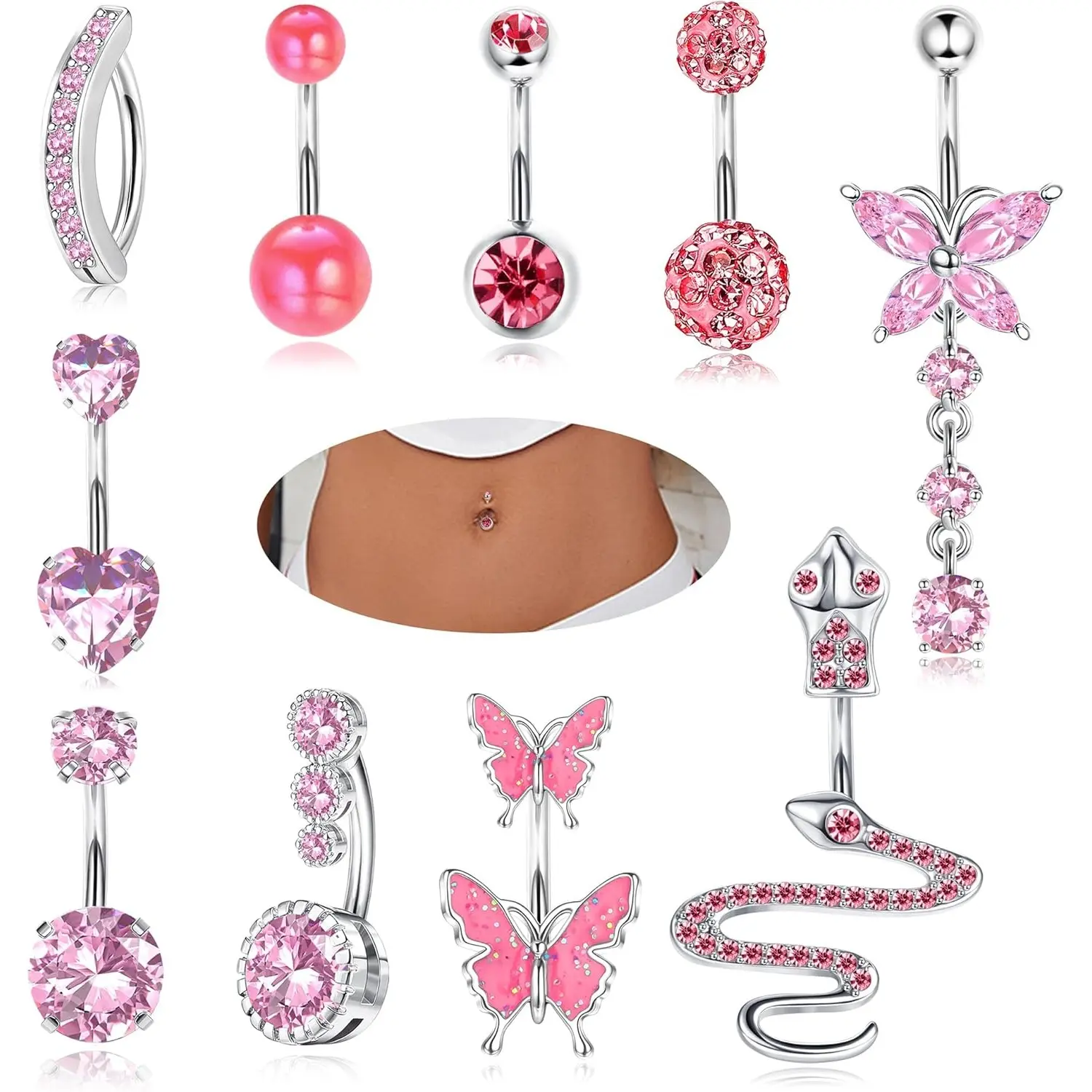 Women's Stylish 10 Pcs Belly Button Jewelry - 316L Stainless Steel Clicker Belly Piercing Dangly Navel Rings with Blue, Pink CZ Snake, Butterfly Designs