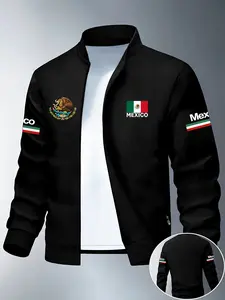 Men's Fall Winter Lightweight Jacket, Mexico Print Letter Design, Fashion Zipper, Soft Fabric, Casual Outerwear for Teens and Adults