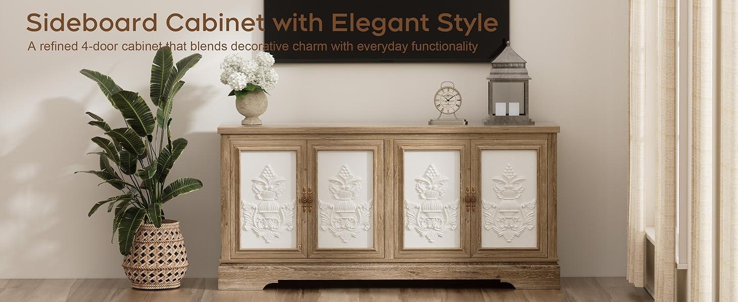 Yechen 63" Vintage Farmhouse Sideboard Buffet Cabinet with 3D Decorative Doors | Light Oak Wood Credenza with Sturdy Frame & Antique Handles | for Living Room, Kitchen, Entryway