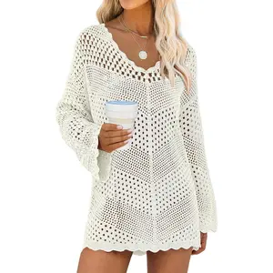 ANRABESS Swimsuit Cover Up for Women Crochet Bathing Suit Summer V Neck Mesh Knit Dress Swimwear 2026 Beach Vacation Outfit