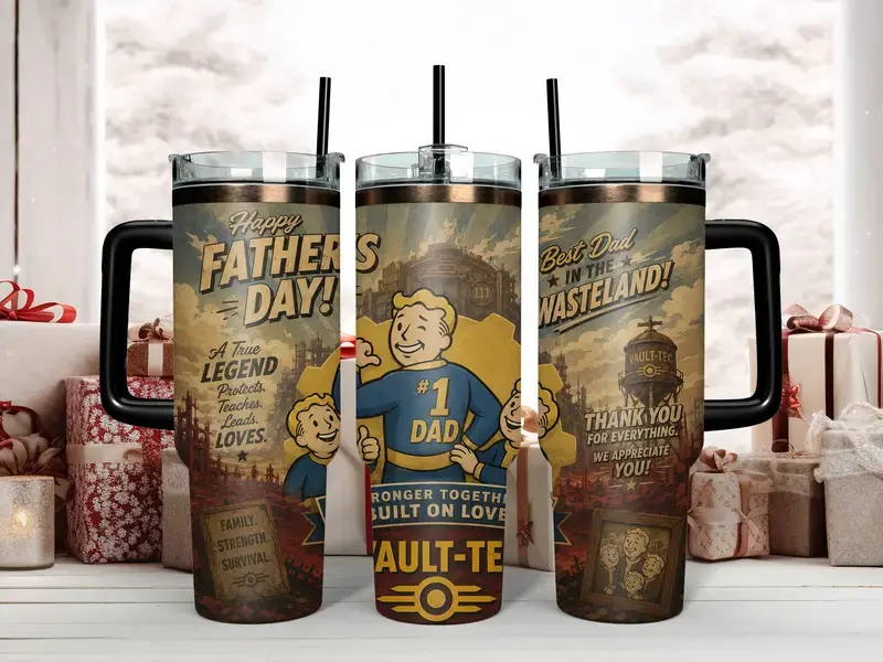 Best Dad In The Wasteland Fallout Vault Boy Happy Father's Day Tumbler - 40oz Insulated Stainless Steel Travel Mug with Handle & Straw - Perfect Video Game Merchandise Gift for Gamer Dads and RPG Fans