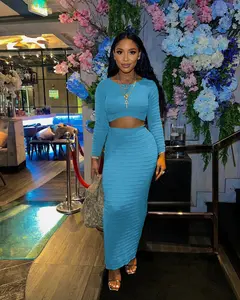 USBoutiqueCHIC Women’s Elegant Ribbed Knit 2-Piece Ensemble – Long Sleeve Semi-High Neck Top & High Waist Maxi Skirt