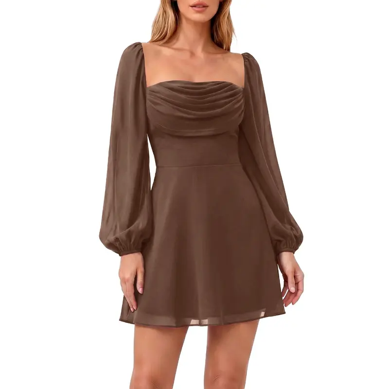 Dokotoo Women's Square Neck Mini Dress Long Sleeve High Waist Ruched Fit and Flare Casual Elegant Dress