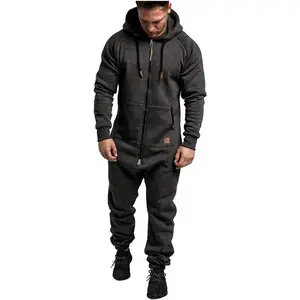 New Foreign Trade Men's Hooded Fleece Jumpsuit Solid Color Color Matching Casual Men's Suits Jumpsuit