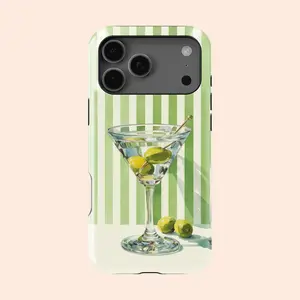 Retro Green Striped Martini Cocktail Phone Case For iPhone 17 16 15 14 13 12 11 Pro Max Tough MagSafe Samsung Galaxy S26 S25 S24 S23 Ultra