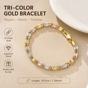 14K gold-plated tri-color mariner link bracelet for women - lightweight, stylish, and easy to wear every day.Features beautifully detailed floral-engraved links, making it a delicate yet eye-catching piece.A thoughtful jewelry gift she’ll love.