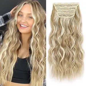 ALXNAN Clip in Long Wavy Synthetic Hair Extension 24 Inch Beach Blonde 4PCS Thick Hairpieces Fiber Double Weft Hair for Women