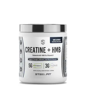 SteelFit Creatine HMB Powder - 5g Creapure Creatine Monohydrate Powder, 3g myHMB & 1000 IU Vitamin D - Workout Supplement Supports Muscle Growth, Strength, Recovery & Energy - Unflavored, 30 Servings