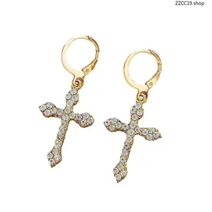 Rhinestone Cross Dangle Earrings, Gold Tone Crystal Cross Hoop Earrings, Sparkling Religious Jewelry for Women Party Daily Wear