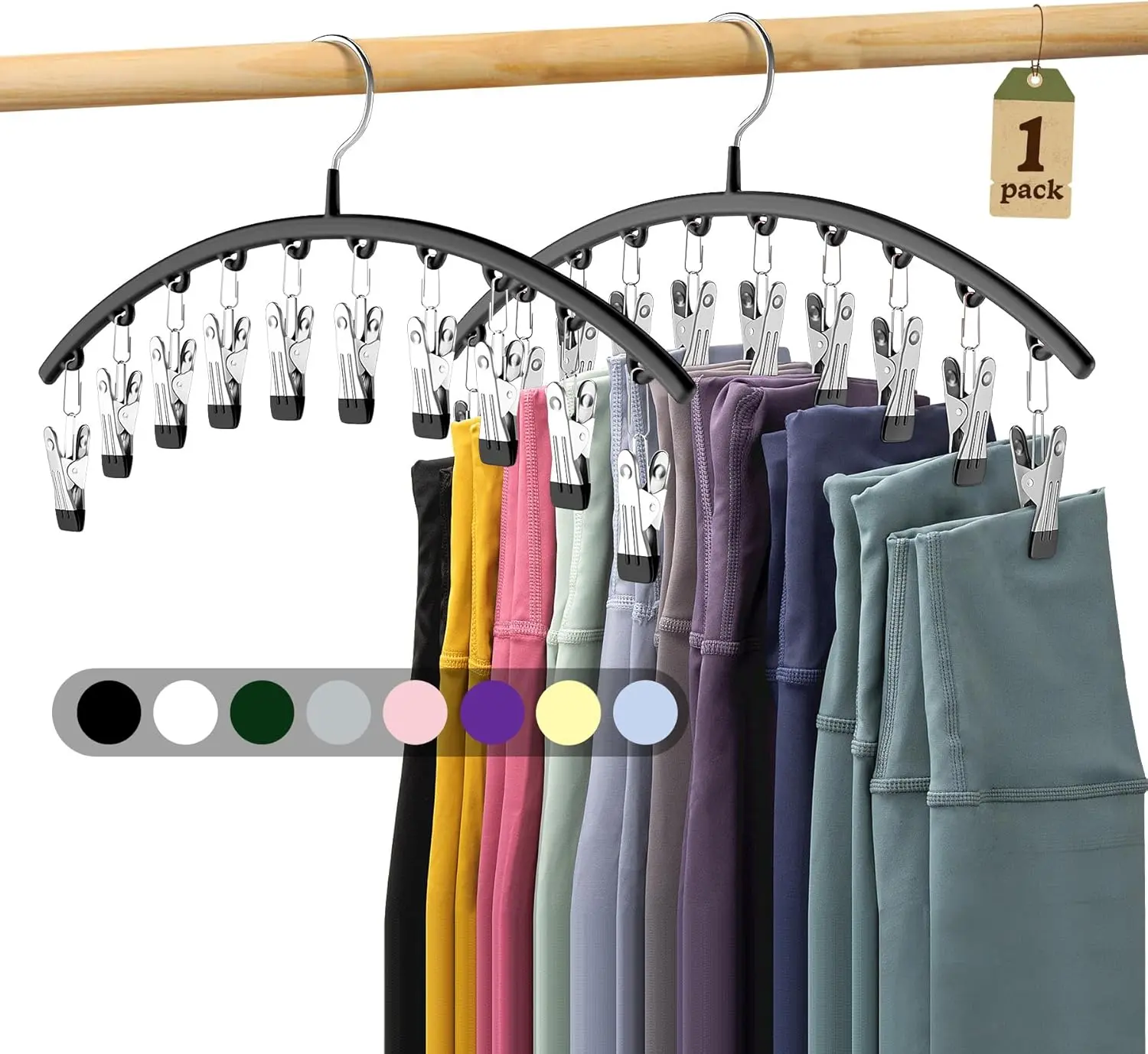 Legging Organizer for Closet, Metal Yoga Pants Hangers 2 Pack w/10 Clips Holds 20 Leggings, Hangers Space Saving Hanging Closet Organizer w/Rubber Coated Closet Organizers and Storage, Black