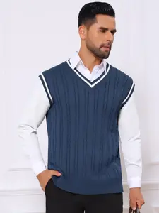 INSPIRE CHIC Men's Solid Color V-Neck Sleeveless Cable Knitted Sweater Vest