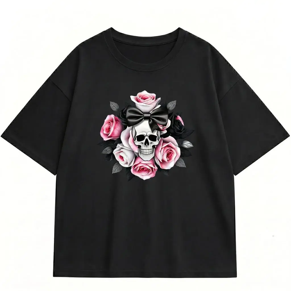 Women's Plus Size Floral Skull & Roses Graphic Top - Casual Round Neck Tee, Soft Goth Fits for Emo Girl Aesthetic, Comfortable Everyday Style for Outfits, Casual Tops, Plus Size Clothes, Skull Women's T-Shirts, Spooky Print Women's T-Shirts